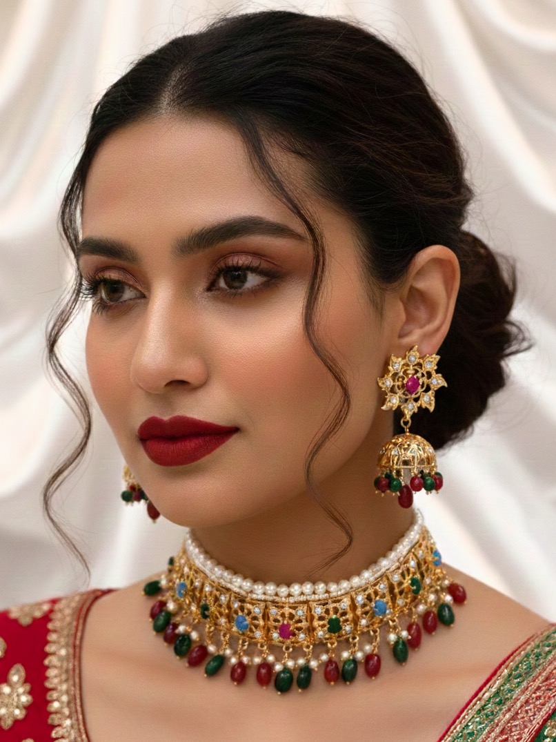 Maryam navratan and red green choker set